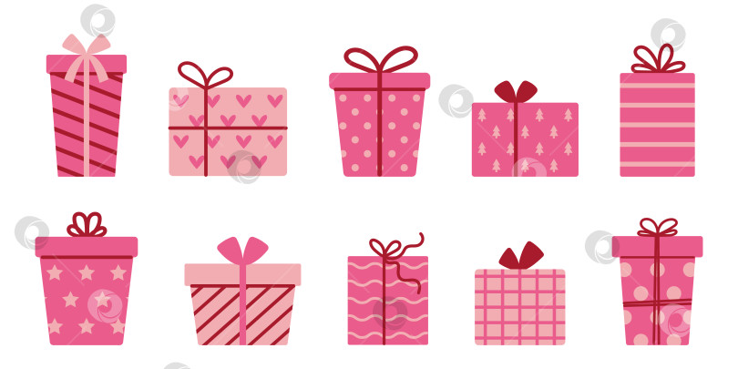 Скачать Набор векторных розовых подарочных коробок. Праздничные подарки в праздничной бумажной упаковке с ленточными бантами. Коллекция подарков на день Святого Валентина или день рождения. фотосток Ozero