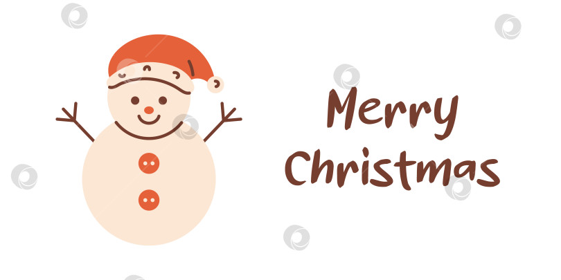 Скачать Векторный баннер с Рождеством Христовым с милым снеговиком. Рождественский забавный персонаж-снеговик в красной шляпе и текстом с Рождеством Христовым на белом фоне. Иллюстрация для рождественского и новогоднего оформления. фотосток Ozero