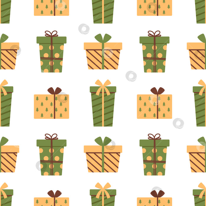 Скачать Векторный бесшовный узор зеленой и желтой подарочной коробки. Праздничные подарки на белом фоне. Принт с подарками на Рождество, Новый год или День рождения. фотосток Ozero
