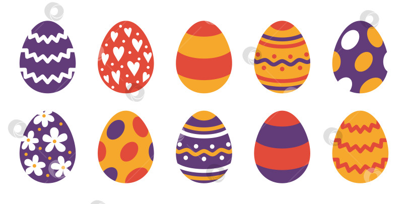 Скачать Векторный набор пасхальных яиц фиолетового, оранжевого и красного цветов. Пасхальная коллекция в плоском дизайне. Охота за яйцами. фотосток Ozero