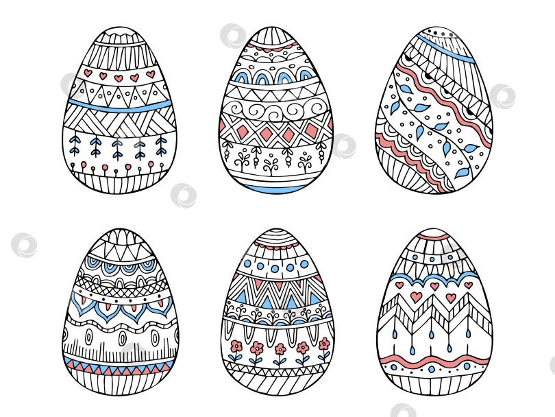 Скачать Нарисованный вручную цветной набор каракулей с пасхальными яйцами. Пасхальный зентангл. Векторные яйца с орнаментом. фотосток Ozero