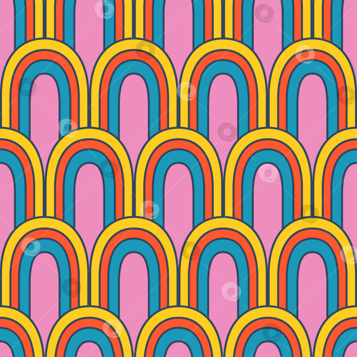 Скачать Векторный ретро-узор с абстрактными радугами. Классный бесшовный узор. 70-е годы. Радуга хиппи в стиле ретро. фотосток Ozero