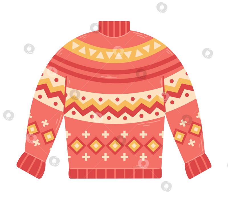 Скачать Векторный уютный красный свитер с орнаментом. Вязаная теплая одежда. Шерстяной джемпер. фотосток Ozero