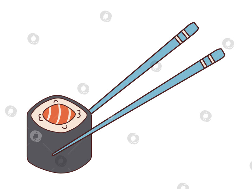 Скачать Векторные суши маки и палочки для еды в стиле ретро. Деревянные палочки для еды держат суши-ролл с лососем. фотосток Ozero