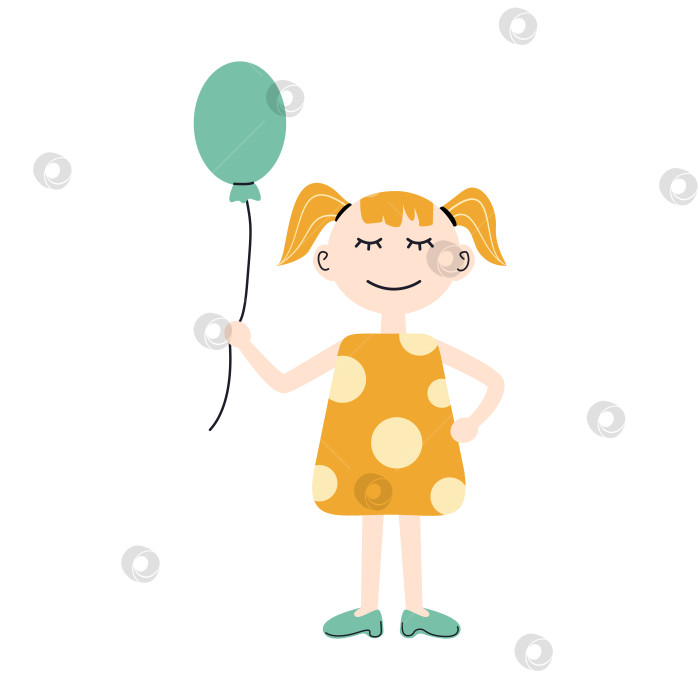 Скачать Векторная милая маленькая девочка с зеленым воздушным шаром. Улыбка ребенка. Цветной клип-арт. фотосток Ozero