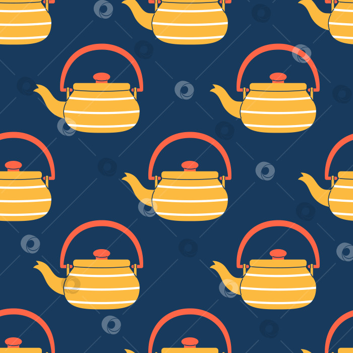 Скачать Векторные полосатые чайники с бесшовным рисунком. Модные желтые и красные чайники на темно-синем фоне. Фон для чаепития. фотосток Ozero