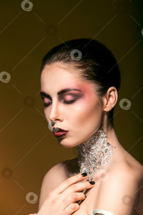 Скачать портрет девушки с красивым макияжем и серебром на шее, косметика фотосток Ozero