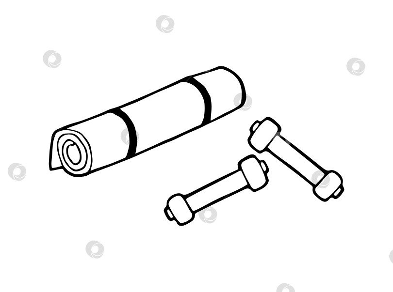 Скачать Нарисованные от руки гантели и коврик для фитнеса. Векторные штанги. Спорт. фотосток Ozero