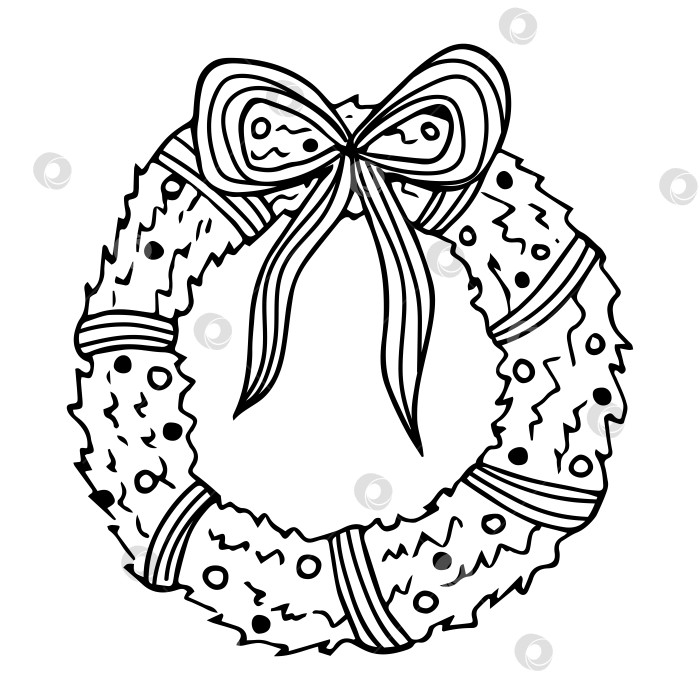 Скачать Векторный рождественский венок с каракулями. Новогодняя черно-белая векторная иллюстрация. Рождественский клипарт, нарисованный от руки. Празднование зимы. фотосток Ozero