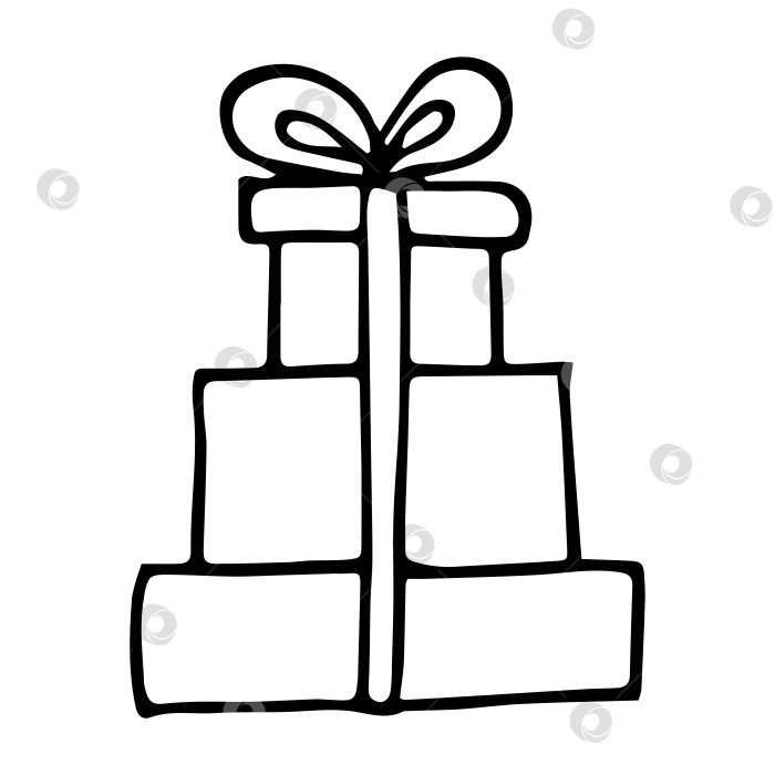 Скачать Симпатичная стопка рождественских подарков с каракулями. Черно-белые подарки, нарисованные от руки. Коробка с векторной иллюстрацией с лентой и бантом. фотосток Ozero