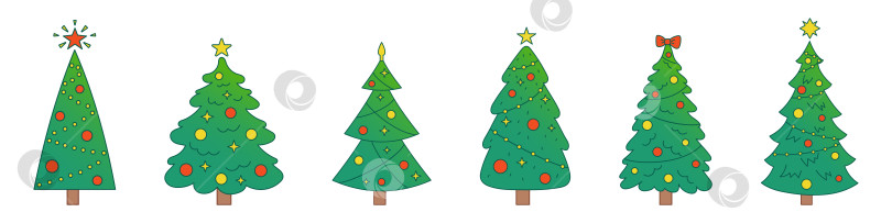Скачать Векторный новогодний набор с рождественскими елками. Вечнозеленые деревья с шарами, звездами и гирляндами. Градиентные елки на Рождество. фотосток Ozero