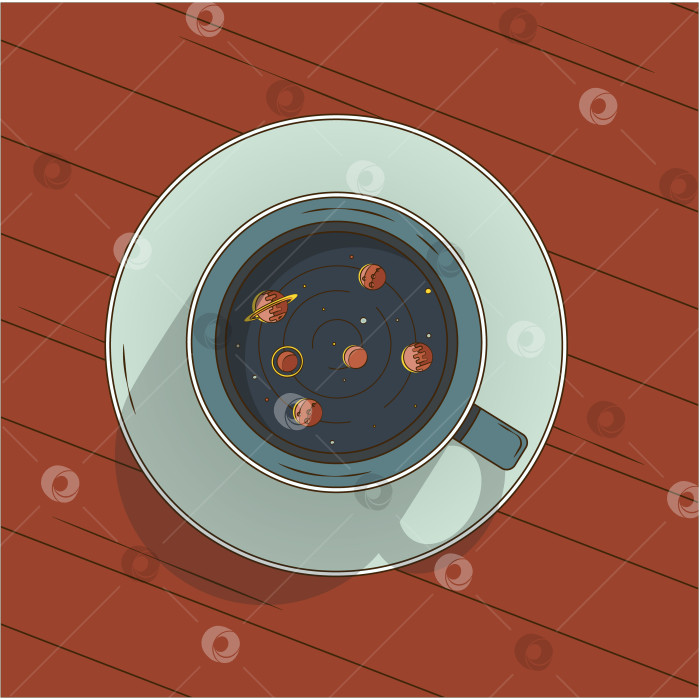 Скачать Чашка утреннего, бодрящего кофе или чая и отражением солнечной системы фотосток Ozero