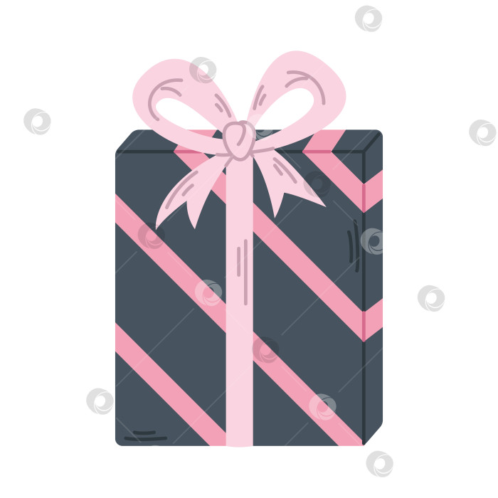 Скачать Векторная подарочная коробка в полоску. Подарок с розовой лентой и бантом. Черно-розовый подарок на Рождество, День рождения или другое торжество. фотосток Ozero