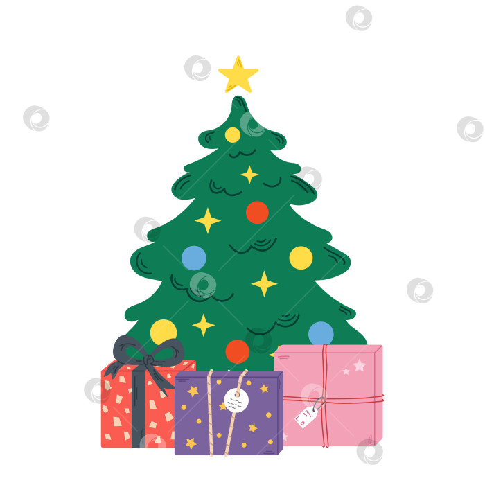 Скачать Векторная иллюстрация с рождественской елкой и подарочными коробками. Подарки под елкой. Празднование Рождества и нового года. фотосток Ozero