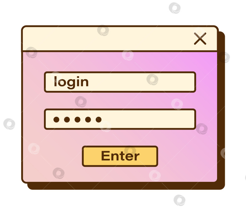 Скачать Векторное ретро-окно авторизации с полями логина и пароля. Ностальгический пользовательский интерфейс. Градиентный компьютерный интерфейс vaporwave. Шаблон авторизации. фотосток Ozero