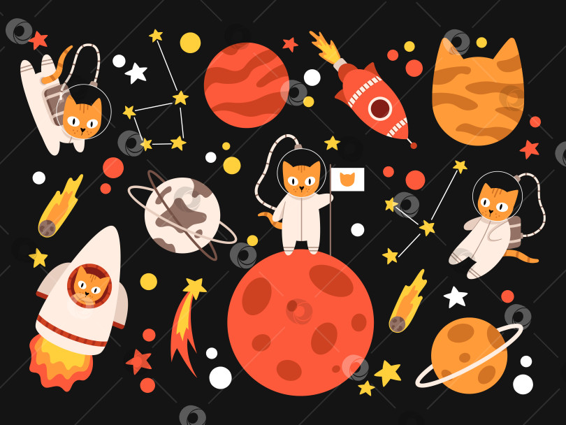 Скачать Векторный милый набор с кошками в космосе. Кошки-астронавты и планеты. Космические ракеты, кометы и созвездия. Галактика в оранжевом и красном цветах. фотосток Ozero