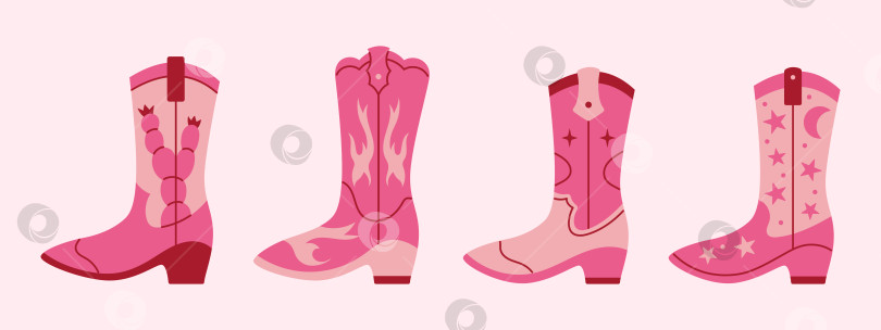 Скачать Векторный набор различных розовых ретро-ботинок для пастушки. Концепция дикого Запада и Техаса. Модные ковбойские сапоги. Винтажная западная коллекция. Девичья сила. фотосток Ozero