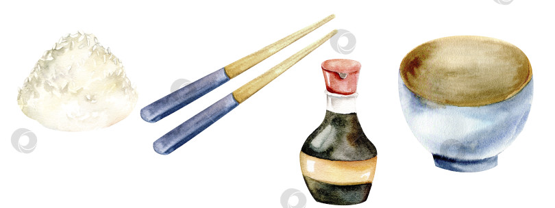 Скачать Watercolor asian traditional food set. Rice ceramic blue bowl , chopsticks, soy sauce bottle with red cap, rice hollow. Hand drawn isolated clip art for menu, restaurant, cafe , kitchen poster design фотосток Ozero