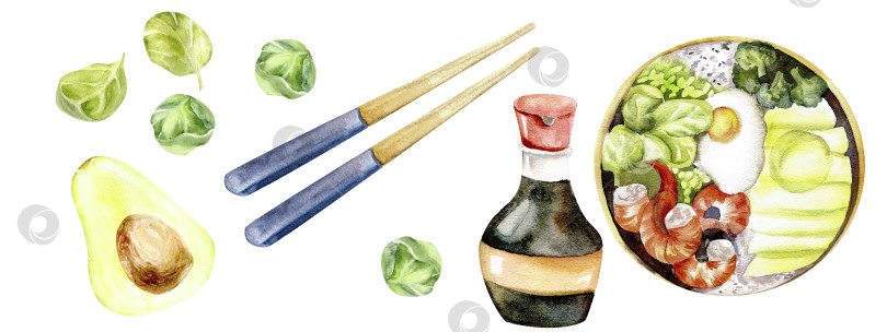 Скачать Watercolor Asian food illustrations set. Korean traditional poke with egg, soy sauce bottle, chopsticks, avocado, spinach leaves and green brussel's cabbage for menu, restaurant, cafe , kitchen design фотосток Ozero