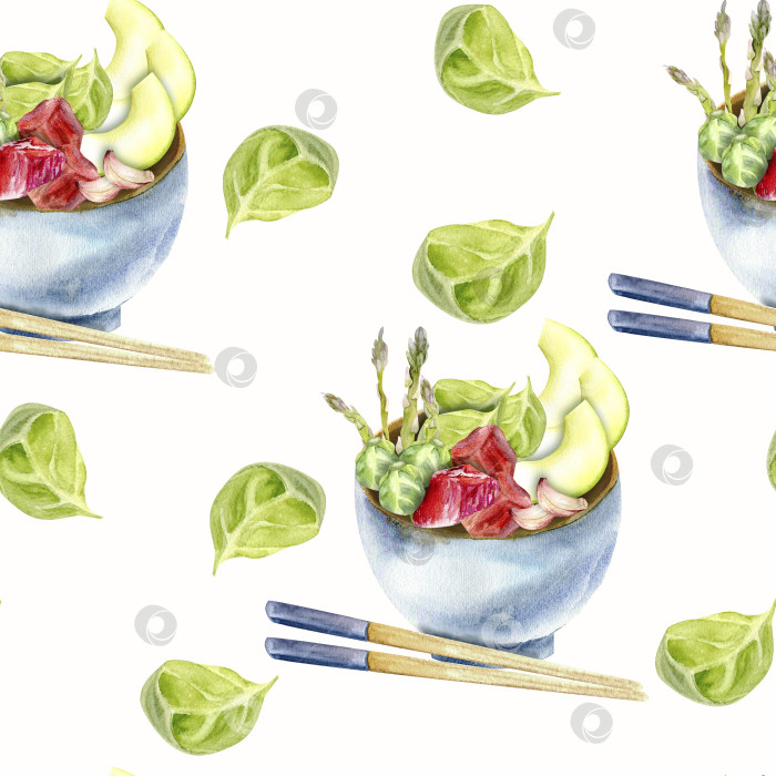 Скачать Watercolor asian food seamless pattern. Korean traditional poke in blue ceramic bow with meat, avocado , cabbage and spinach in, chopsticks nearby and spinach green leaves around. For menu, cafe, restaurant, kitchen textile, plate design фотосток Ozero