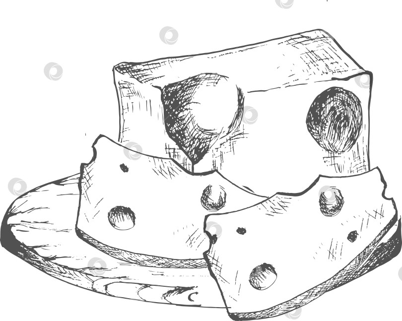Скачать Векторная иллюстрация сыра, нарисованная чернилами от руки. Кусочек сыра чеддер и ломтики на деревянной круглой тарелке. Клипарт для упаковки пищевых продуктов, этикетки, логотипа, меню, дизайна ресторана фотосток Ozero