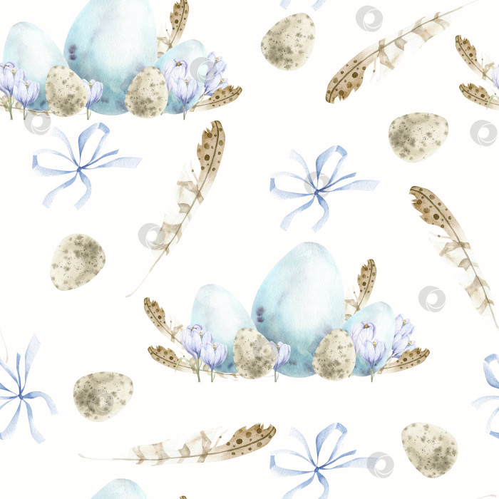 Скачать Акварельный весенний пасхальный праздничный бесшовный узор. Нарисованная вручную текстура с пасхальными бледно-голубыми яйцами, перьями в стиле бохо, синими бантами для упаковки, фона, логотипа, дизайна этикетки. Изолированный фотосток Ozero
