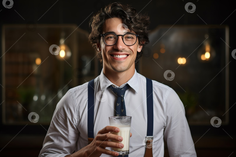 Скачать Портрет жизнерадостного улыбающегося молодого кавказца, держащего стакан молока и смотрящего в камеру фотосток Ozero