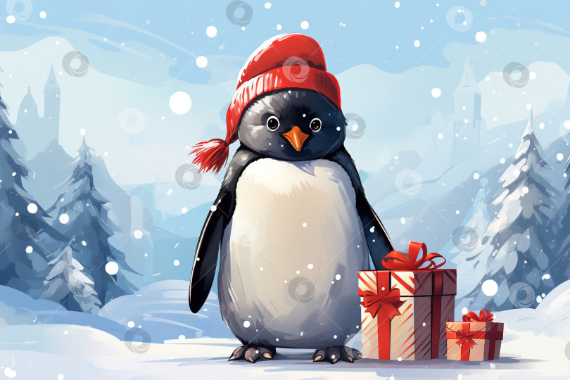 Скачать Пингвин и Рождество, забавный зверек в красной вязаной шапочке и с подарками в зимнем лесу фотосток Ozero