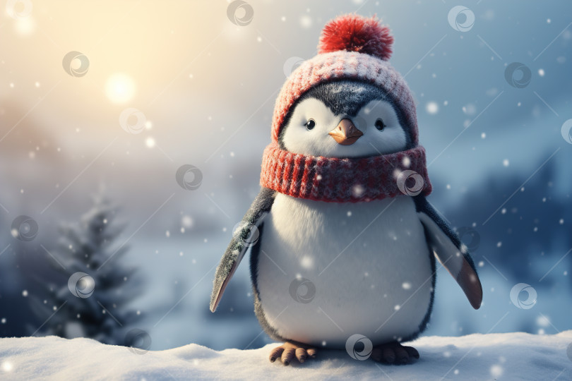 Скачать Рождественский пингвин в красной вязаной шапочке и уютном шарфе стоит в лесу зимним снежным днем фотосток Ozero