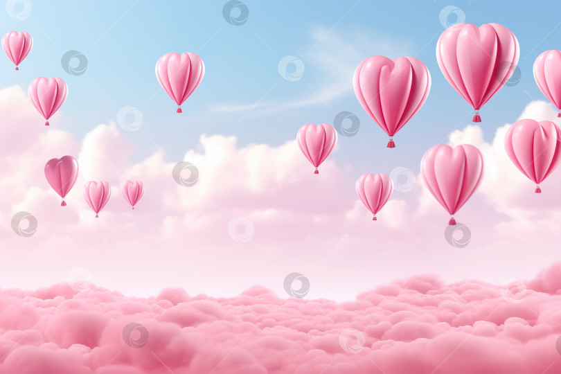 Скачать Розовые воздушные шары в форме сердечек, летящие в небе фотосток Ozero
