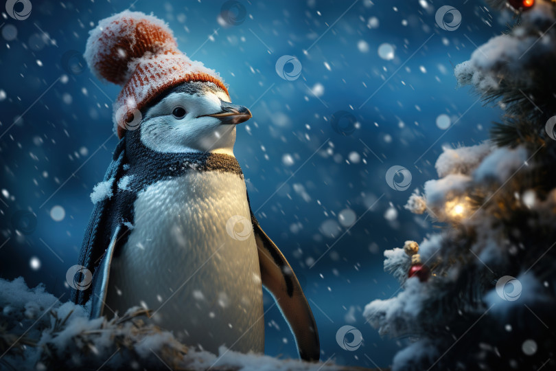 Скачать Милый пингвин в теплой вязаной шапочке стоит у елки снежной рождественской ночью, копия space фотосток Ozero