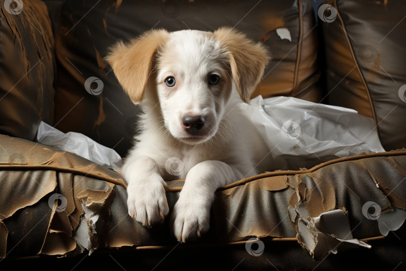 Скачать Непослушный белый щенок и порванный кожаный диван фотосток Ozero