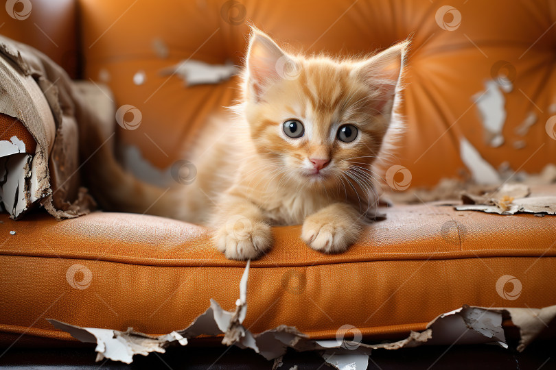 Скачать Маленький непослушный милый котенок разорвал диван, повредил мебель и домашнее животное фотосток Ozero