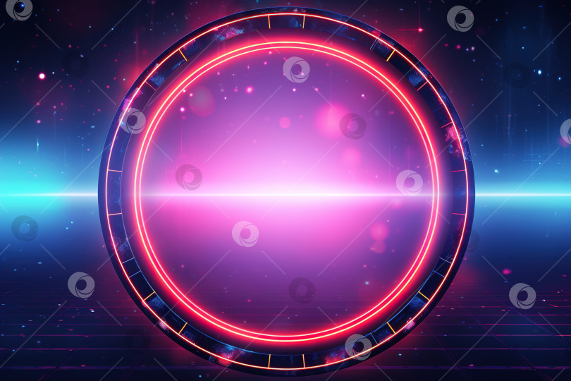 Скачать Футуристическая круглая рамка с фиолетовой неоновой подсветкой и пустым пространством, вид спереди фотосток Ozero