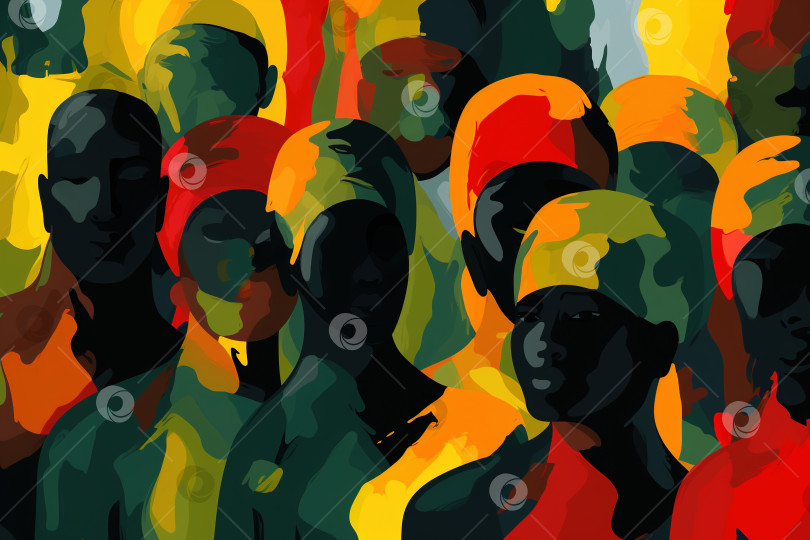 Скачать Силуэты африканцев в зеленом, желтом и красном цветах, абстрактный плоский узор толпы фотосток Ozero