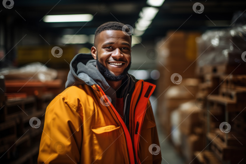 Скачать Счастливый афроамериканец-мужчина, работник склада в комбинезоне фотосток Ozero