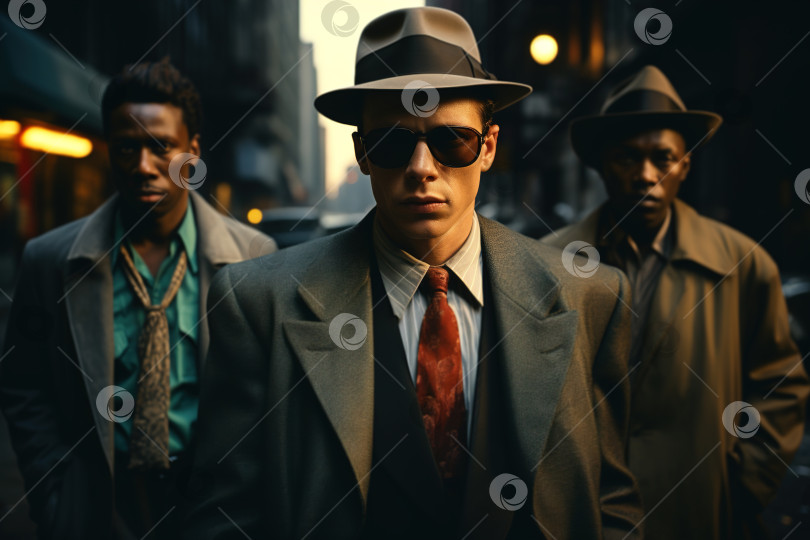 Скачать Гангстеры мафии в стиле 50-х годов. Уличный портрет мужчины в шляпе, пальто и очках в вечернем переулке фотосток Ozero