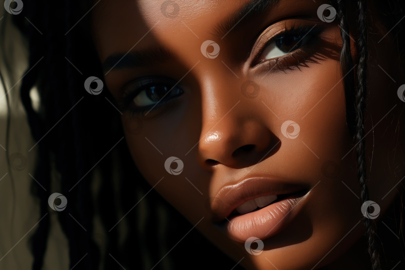 Скачать Крупным планом лицо молодой афроамериканки с дредами, смотрящей в камеру, сдержанный женский портрет фотосток Ozero