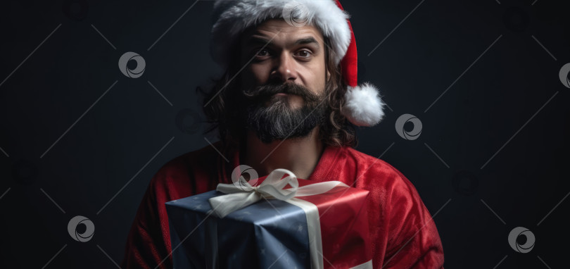 Скачать Мужчина в шляпе Санта-Клауса с рождественской подарочной коробкой на черном фоне. Современный Санта-Клаус. Счастливого Рождества и Нового года, рождественский баннер фотосток Ozero