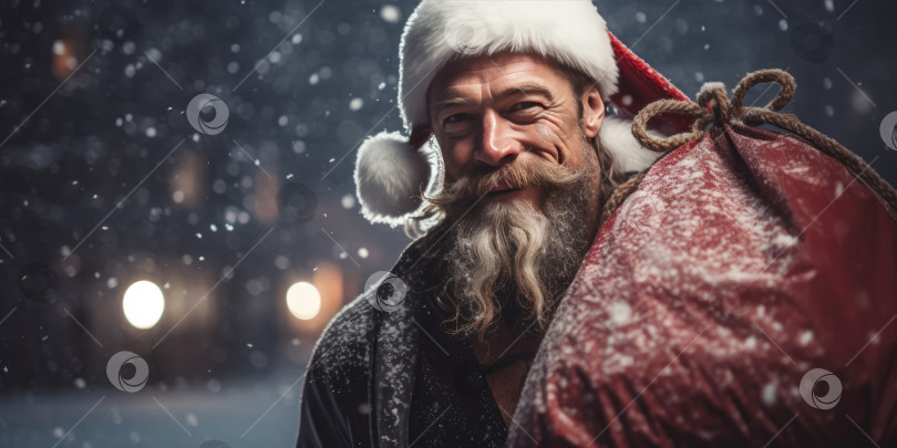 Скачать Портрет бородатого мужчины в красной куртке и шапке Санта-Клауса с пакетом подарков на фоне заснеженной городской улицы ночью. Современный Санта-Клаус фотосток Ozero