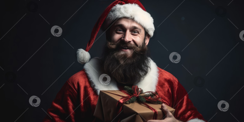 Скачать Красивый бородатый Санта-Клаус с длинной бородой, держащий коробку с рождественским подарком на черном фоне студии. Современный Санта-Клаус фотосток Ozero