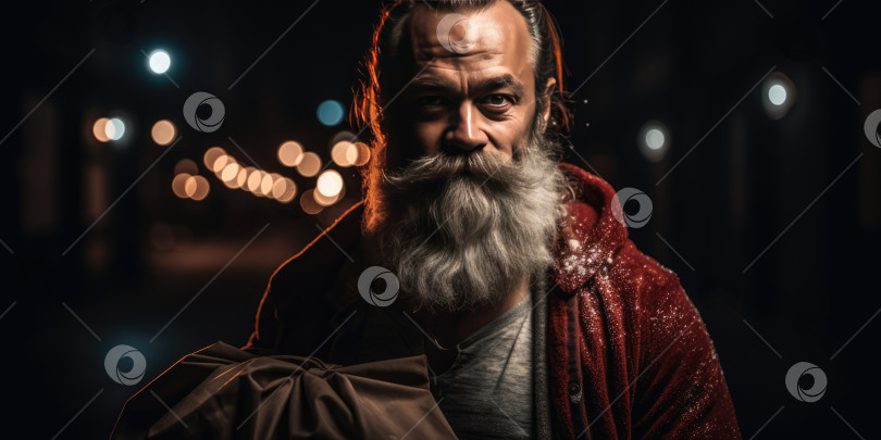 Скачать Портрет бородатого мужчины в красной куртке с мешком подарков на заснеженной зимней улице ночью. Современный Санта Клаус фотосток Ozero