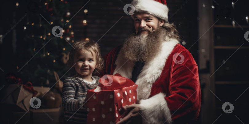 Скачать Маленький мальчик получает подарок от Санта-Клауса на фоне рождественской елки в доме Санта-Клауса. Молодой отец в костюме Санта-Клауса и счастливый ребенок фотосток Ozero