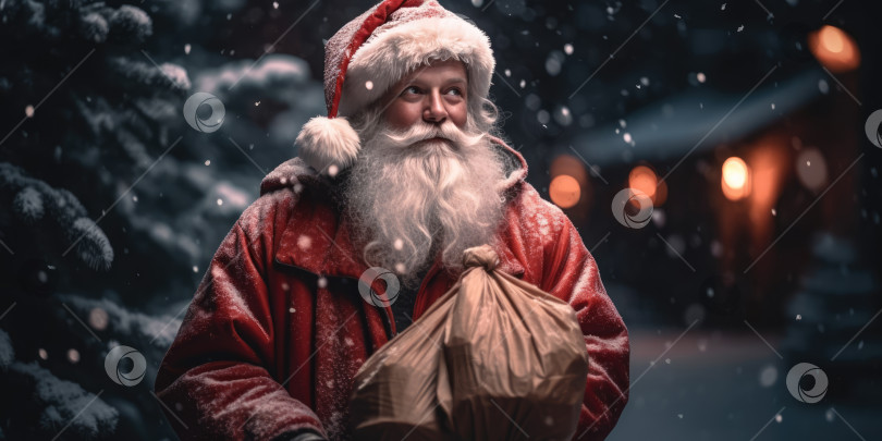 Скачать Портрет Санта-Клауса с седой бородой и мешком подарков, стоящего на заснеженной улице зимой ночью. Концепция Рождества и Нового года. Современный Санта-Клаус фотосток Ozero