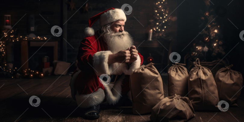 Скачать Санта-Клаус и мешки с подарками в рождественском интерьере фотосток Ozero