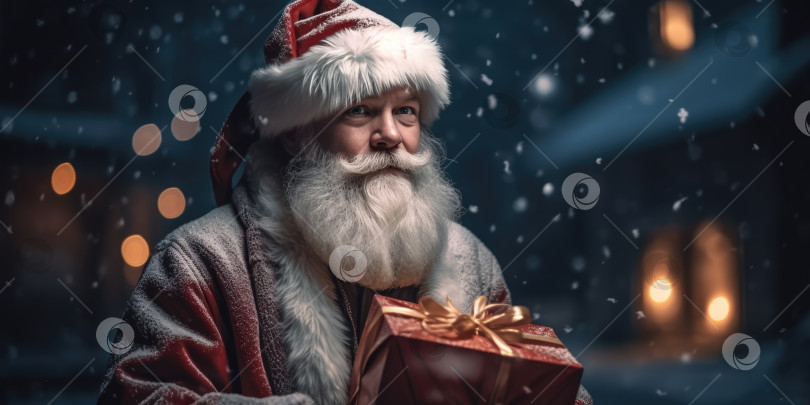 Скачать Портрет Санта-Клауса с седой бородой и рождественским подарком, стоящего на зимней заснеженной улице ночью. Концепция Рождества и Нового года. Современный Санта-Клаус фотосток Ozero