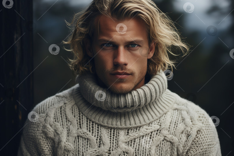 Скачать Портрет красивого мужчины-модели в теплом вязаном сером свитере, смотрящего в камеру на природе, мужская мода фотосток Ozero
