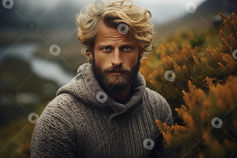 Скачать Портрет красивого кавказского мужчины-модели в теплом вязаном сером свитере, позирующего на природе и смотрящего в камеру фотосток Ozero