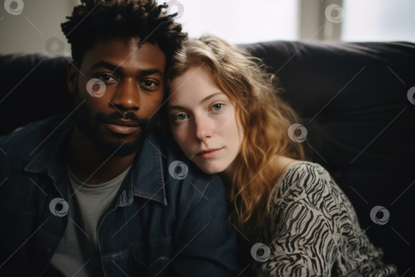 Скачать Межэтническая многорасовая пара, любящие симпатичные мужчина и женщина вместе на диване в помещении, смотрящие в камеру фотосток Ozero