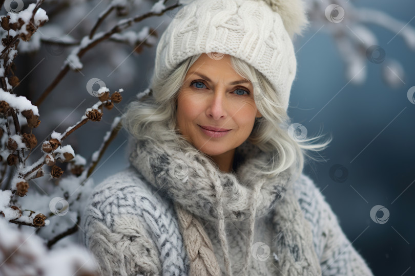Скачать Женская зимняя мода, портрет красивой женщины средних лет в теплом вязаном свитере и шапке на природе. Веселая пожилая женщина-модель в заснеженном лесу фотосток Ozero